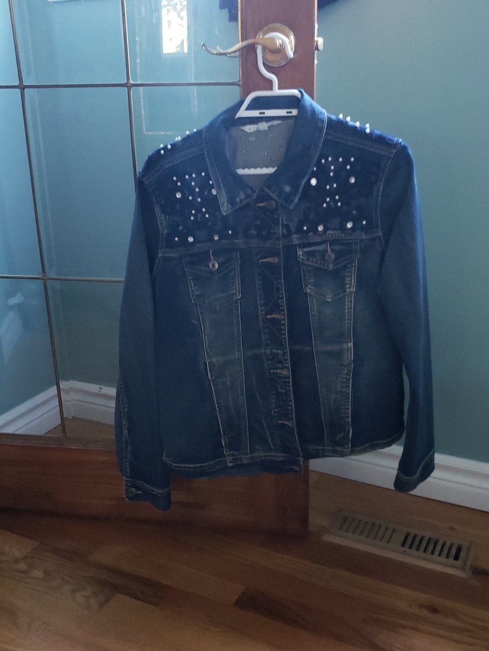 cleo Dark Blue Denim Jacket with Pearl & Stud Embellishments